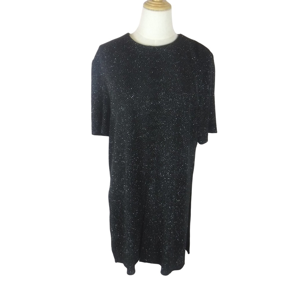 JBS LTD Vintage Black Silver Metallic Knit Tunic Top Short Sleeve Crew Neck‎ 12